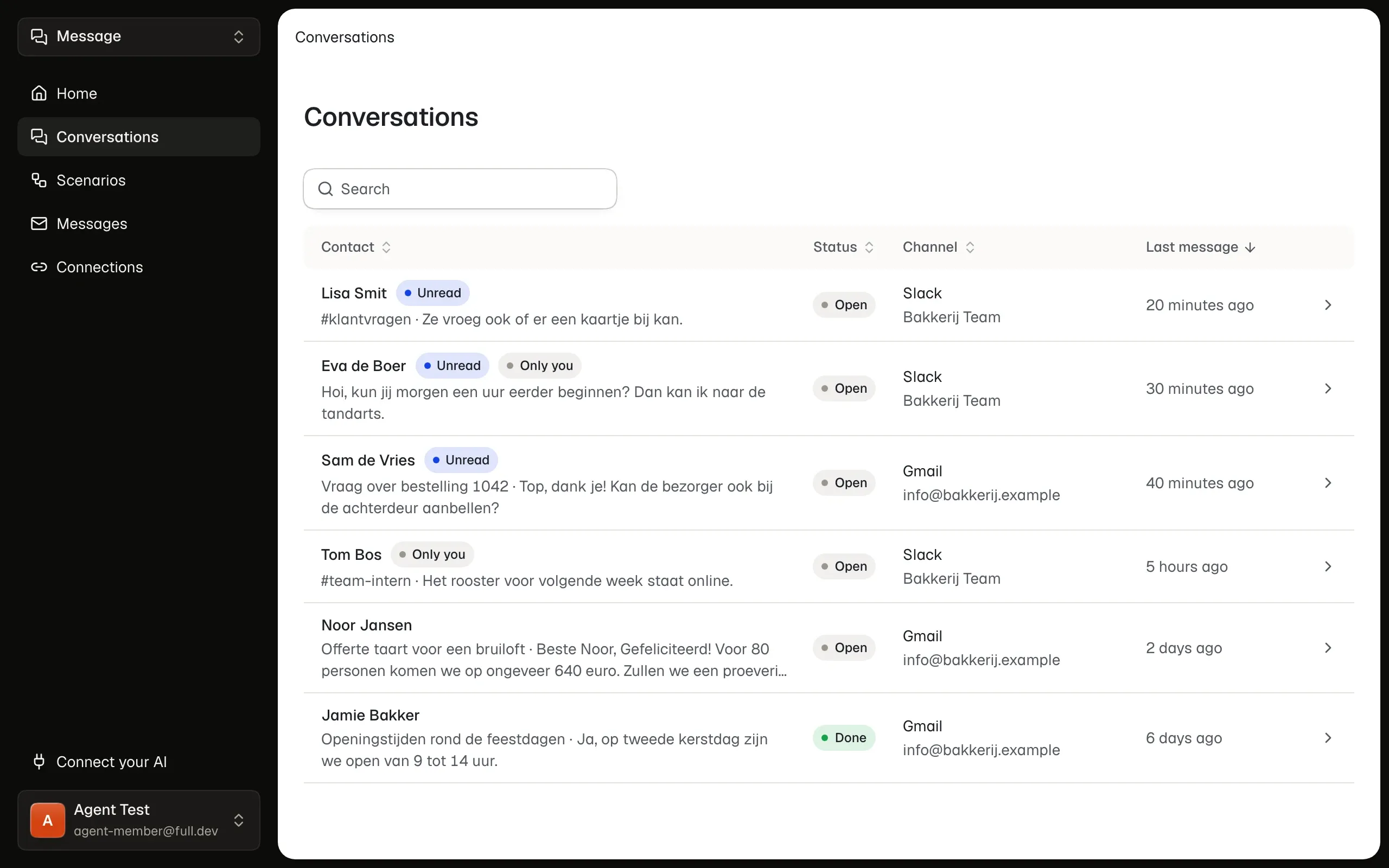Het dashboard van Fulldev Message
